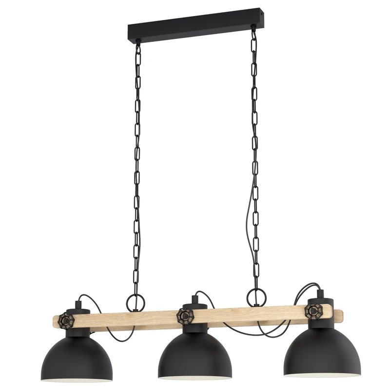 Eglo Lubenham 3-Flame Vintage Pendant Lamp, Industrial Design Hanging Light, Black Steel and Brown Wood Ceiling Lighting, E27 Socket