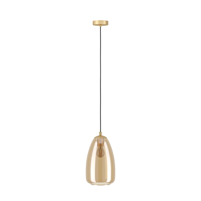 Eglo Pendant Lighting Alobrase, Ceiling Light Fitting, Hanging lamp for Dining Room Made of Brushed Brass Metal and Glass in Amber Colour, E27 Socket, Ø 7.9“