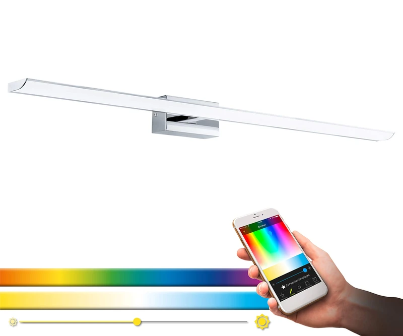 EGLO Connect Tabiano-C LED Wall Light 1 Bulb LED Mirror Light Steel and Plastic in Chrome, White, Bathroom Lamp with Colour Temperature Change (Warm - Cold), RGB, Dimmable, IP 44, L 90.5 cm