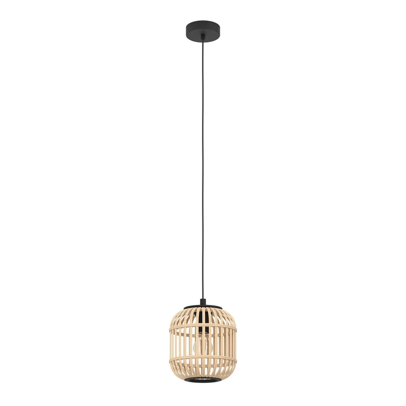 Eglo Pendant lamp Bordesley, 1 Flame Hanging lamp Vintage, Nature, Boho, Hygge, Steel in Black and Wood in Natural Colours, Dining Table lamp, Living Room lamp with E27 Socket, Ø 21 cm