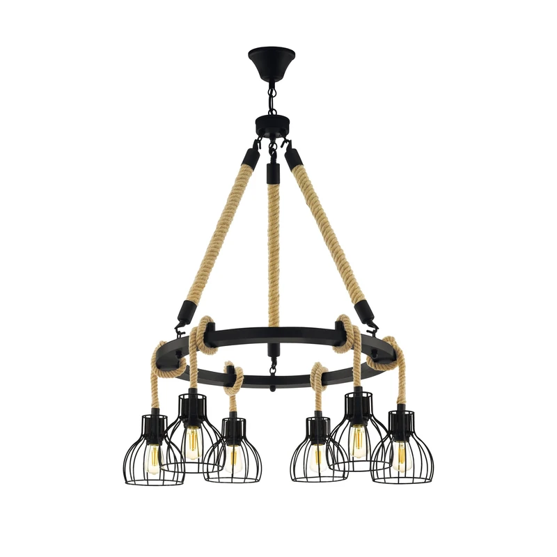 EGLO Rampside 6-Bulb Vintage Pendant Light in Industrial Design, Steel and Wood Pendant Lamp, Colour: Black, Brown, Socket: E27
