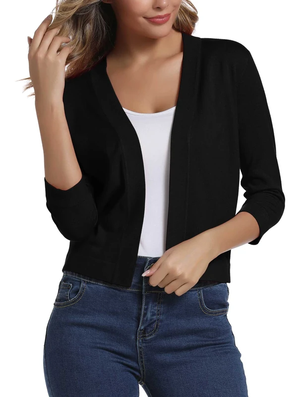 Urban CoCo Women's 3/4 Sleeve Cropped Cardigan Sweater Elegant Shrugs for Women, Black, Small