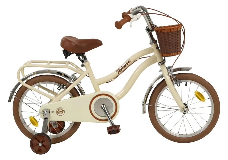 Toimsa Vintage 16 inch Kids Bike/Bicycle, with a retro look rear carrier rack and front wicker style basket and training wheel stabilisers, 5-7 Years, Beige and Brown