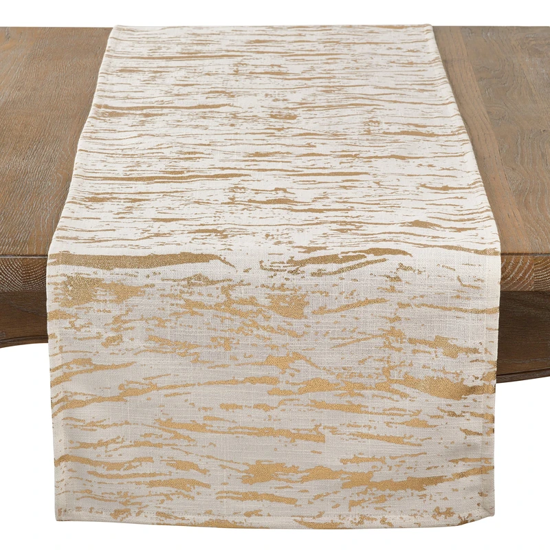 SARO LIFESTYLE 1612.GL16108B Loretta Collection Distressed Foil Metallic Design Cotton Table Runner, 100%, Gold