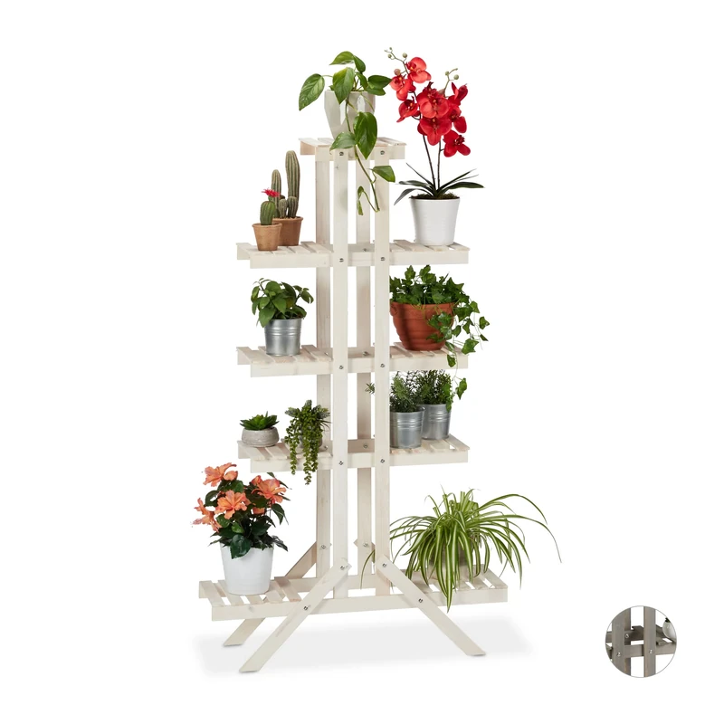 Relaxdays 5-Tier Flower Shelf, Wooden Rack, Indoor Plant Stand, HWD: 142x83x25cm, White