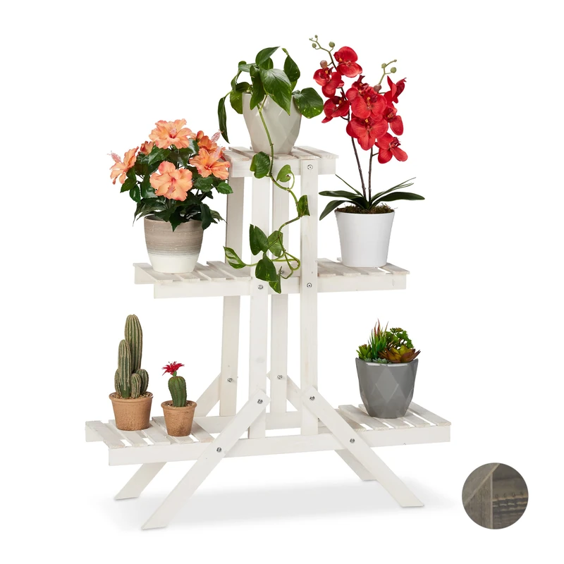 Relaxdays Wooden Flower Shelf, 3 Tier Rack, Plant Stand, HWD: 83 x 83 x 25 cm, White