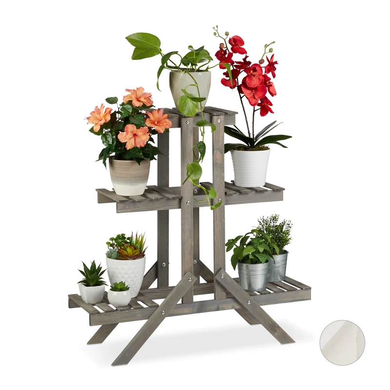 Relaxdays Wooden Flower Shelf, 3 Tier Rack, Plant Stand, HWD: 83 x 83 x 25 cm, Grey