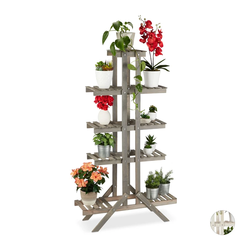 Relaxdays 5-Tier Flower Shelf, Wooden Rack, Indoor Plant Stand, HWD: 142x83x25cm, Grey