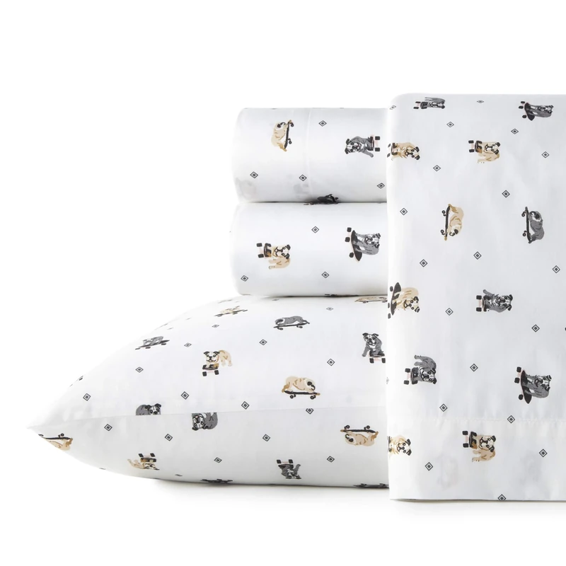 Poppy & Fritz - Queen Sheets, Cotton Percale Bedding Set, Crisp & Cool, Ideal Bedding Set (Skateboarding Bulldogs, Queen)