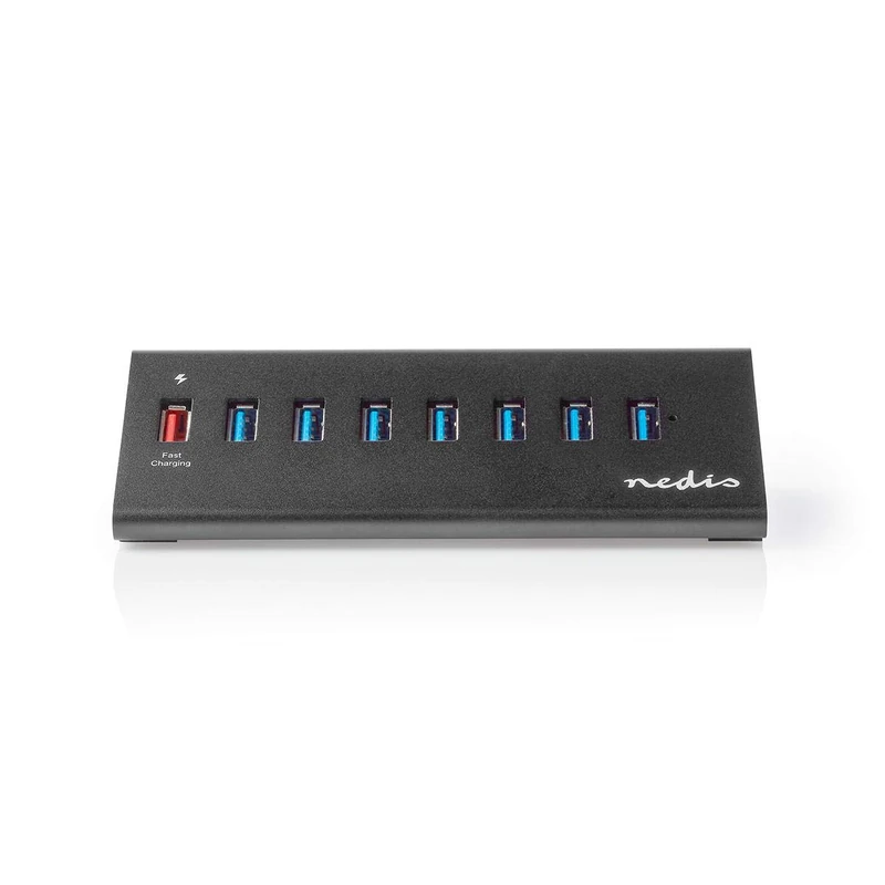 Nedis USB 3.0 Hub, 7x USB 3.0 Ports + 1x QC3.0 Fast Charging Port, High-Speed Data Transfer Up to 5Gbps, Aluminium Housing, LED Activity Light, Mains or USB Powered