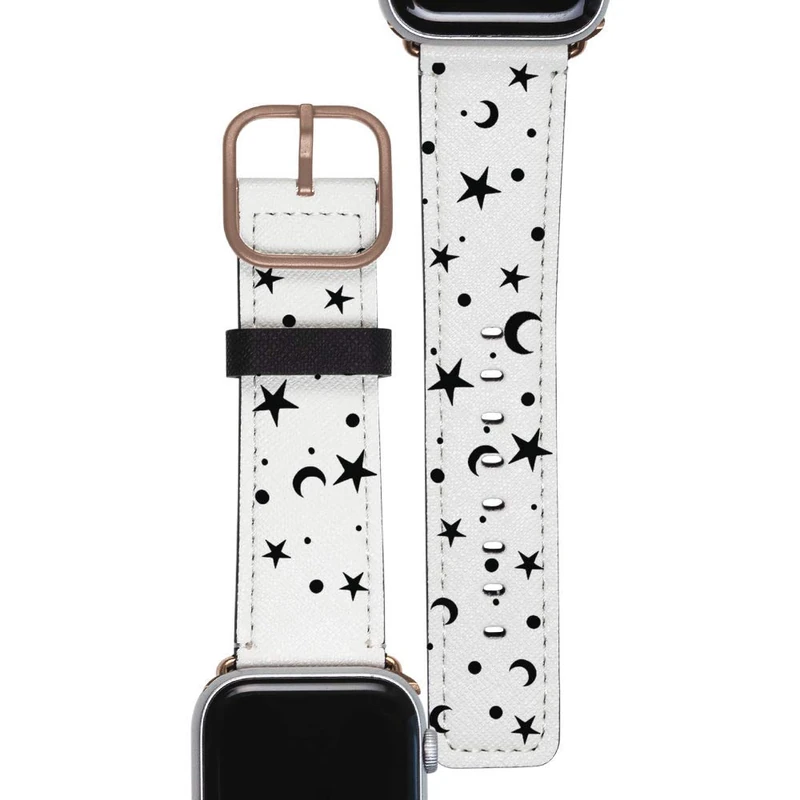 Gocase Black Stars Bracelet Gold Compatible for Apple Watch 42/44 mm Adjustable Clasp Saffiano Leather Vegan Watch Strap Replacement Bracelet Water Sweat Resistant Suitable for Series 1/2/3/4