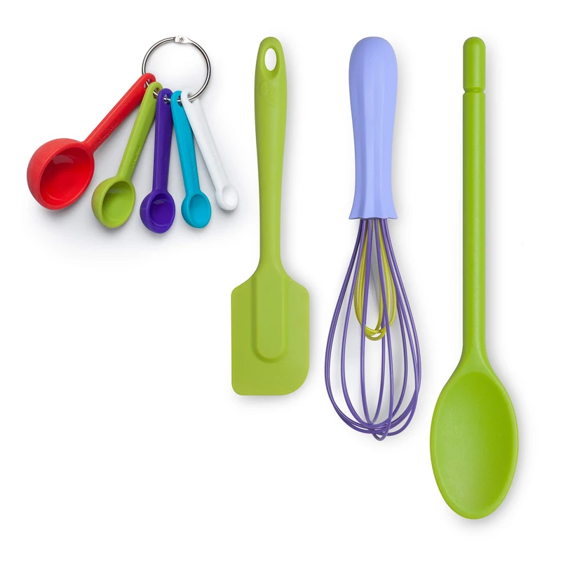 Zeal JSET41L Non-Stick Silicone Spatula, Whisk, Traditional Measuring Spoons 4-Piece Baking Set, Lime/Purple/Bright Mix