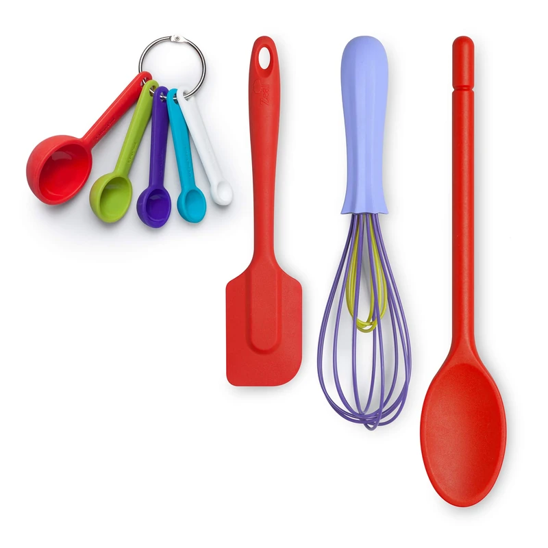 Zeal JSET41R Non-Stick Silicone Spatula, Whisk, Traditional Measuring Spoons 4-Piece Baking Set, Red/Purple/Bright Mix