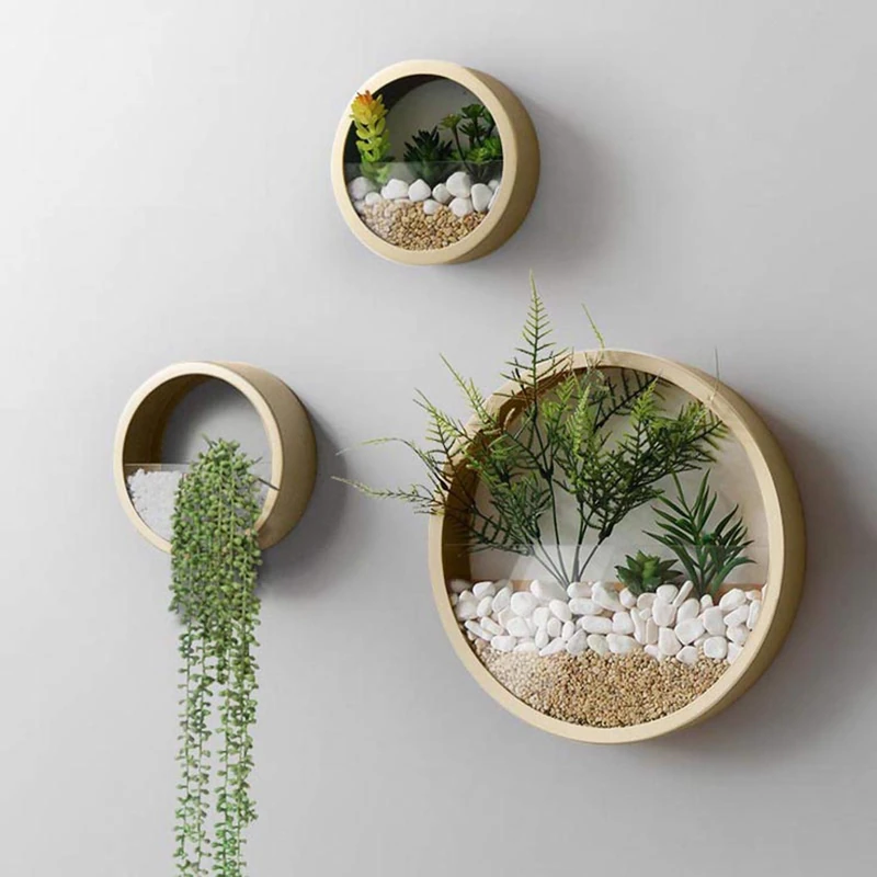 VEVLU 3 Pack Set Wall Planters,Modern Round Glass Wall Planter Succulent Planter Circle Iron Hanging Planter Vase for Herb,Small Cactus Perfect for Balcony, Room and Patio Decor (Gold) - Image 1