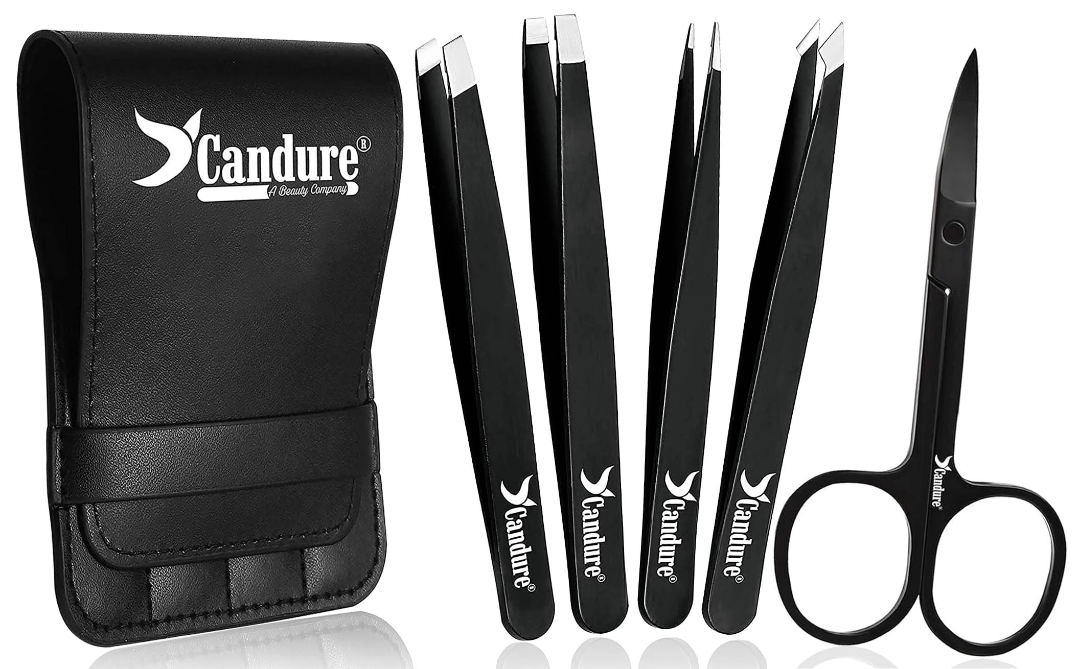 Candure Tweezers for Facial Hair Women & Men - Eyebrow Tweezers Set with Scissors Stainless Steel Precision Classic, Slant, Pointed, Pointed Slant Tools for Ingrown Facial Hair 5Pcs