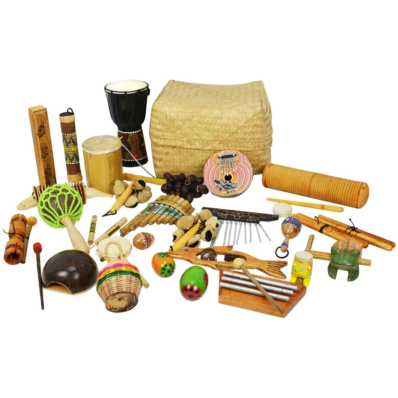 A-Star 30 Piece Multicultural Percussion Set in Basket, Hand Crafted Educational Musical Instruments for Children