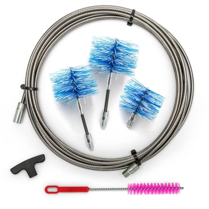 BARETTO Pellet Stove Cleaning Kit, Stainless Steel Extension 9 Metres for Cleaning Flue Pipes with 90° Bend, Brush, Handle, 2 Flex Nylon Brushes 80 mm and 100 mm and 1 Standard 120 mm (9 M)