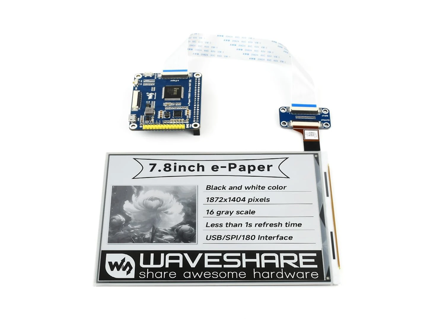 Waveshare 7.8inch E-Ink Display HAT for Raspberry Pi 1872×1404 Resolution E-Paper IT8951 Controller USB/SPI/I80 Interface Supports Partial Refresh for Ebook Reader