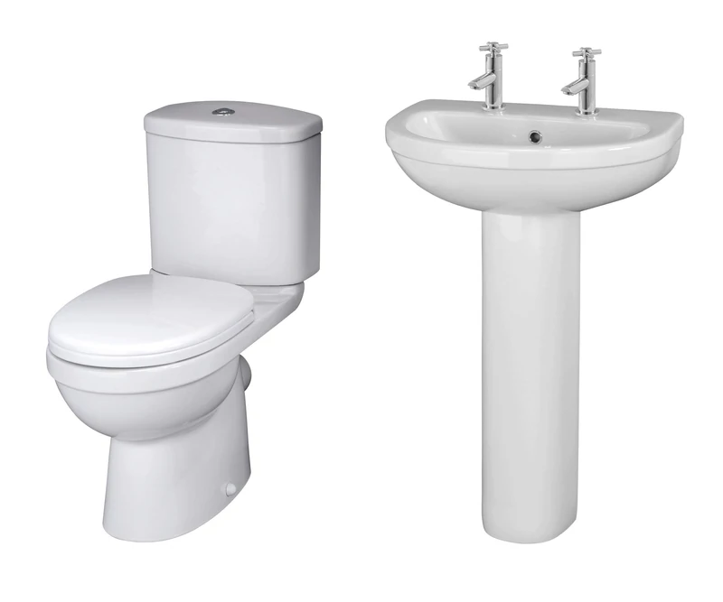 Nuie CIV008 Ivo Modern Toilet and Full Pedestal Basin Bathroom Suite with Soft Close Seat and 2 Tap Hole Sink, 550mm, White
