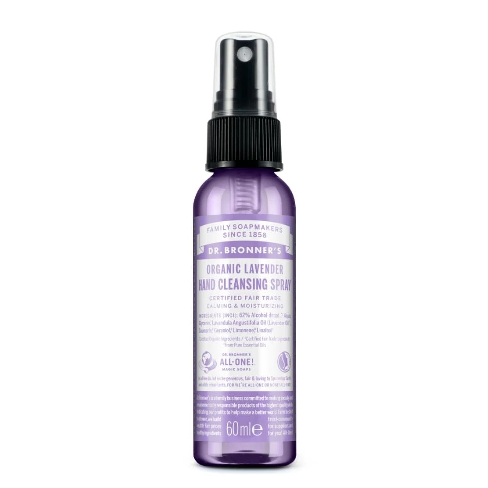 Dr Bronner's Organic Lavender Hand Cleansing Spray, Made Organic Ingredients and No Harsh Chemicals, Used for Hands & Surfaces, Certified Fair Trade & Vegan Friendly, 60ml Spray Bottle
