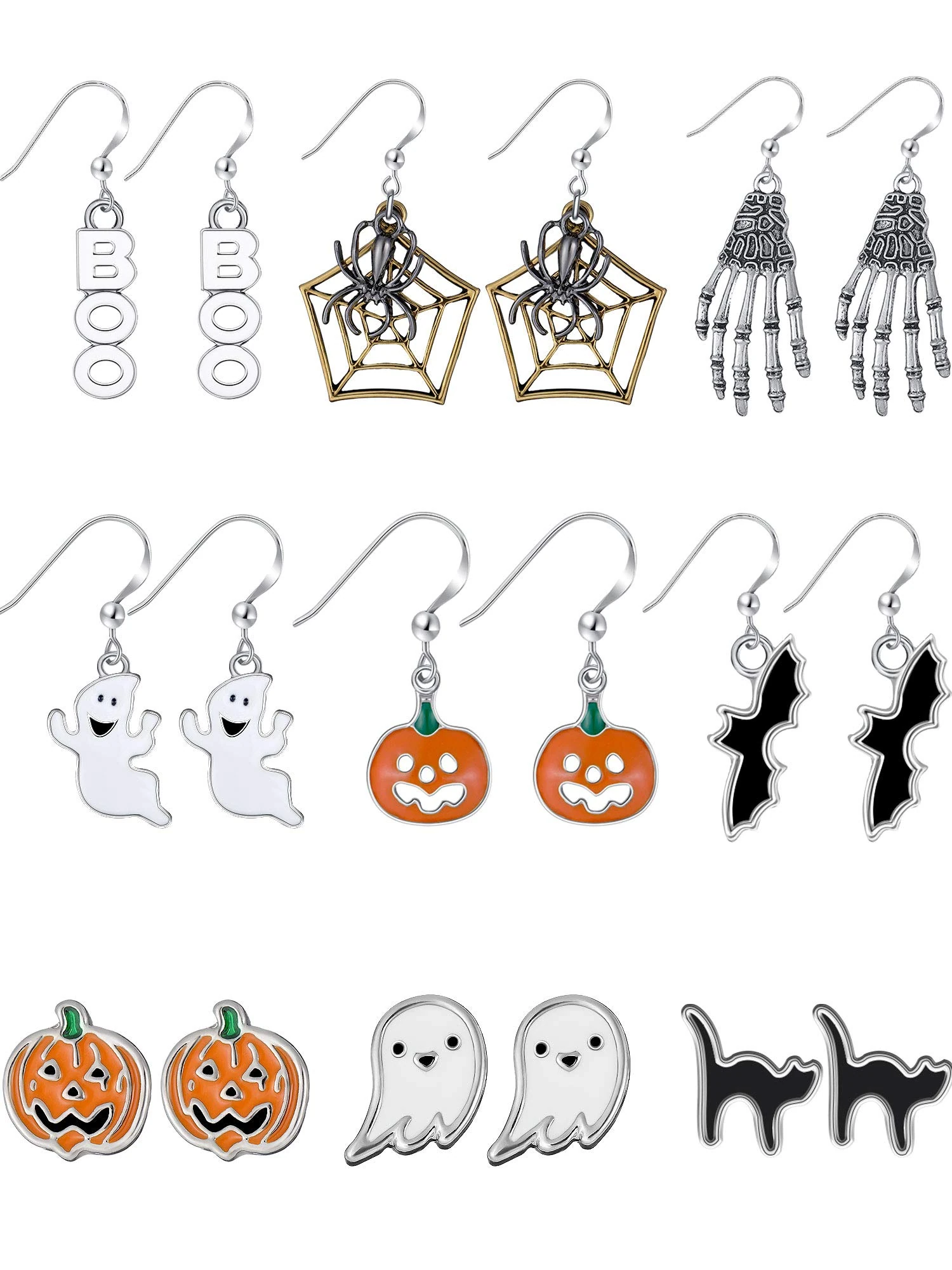 9 Pairs Halloween Stud and Drop Dangle Earrings - Pumpkin Black Cat Jewelry for Women's Party Dress