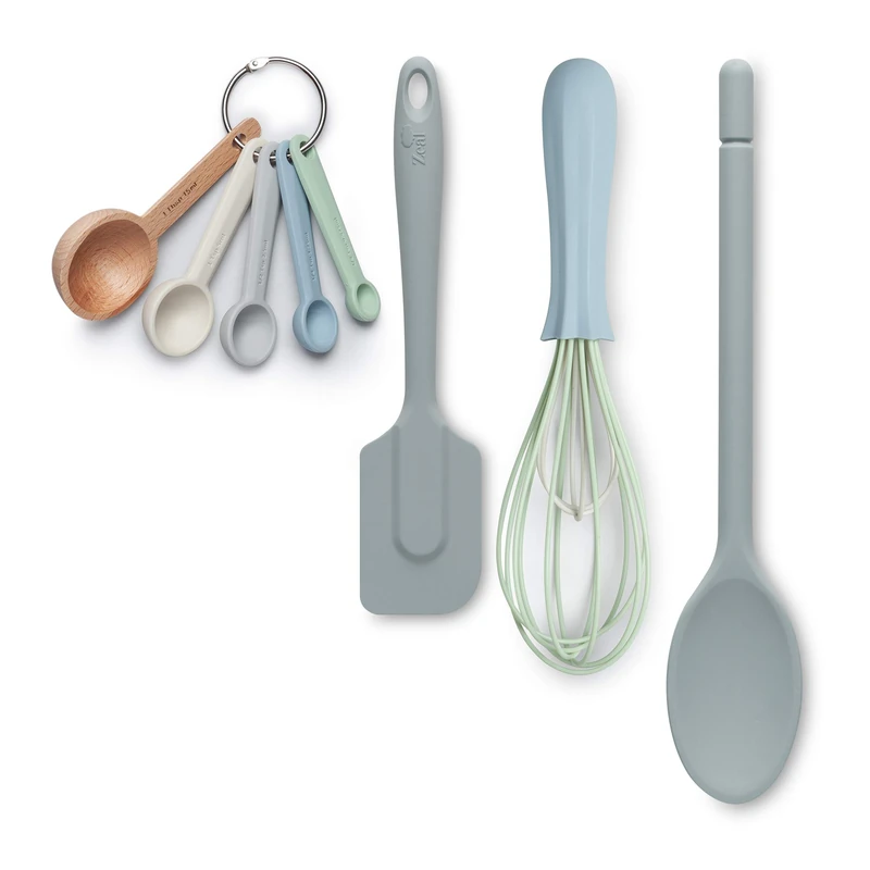 Zeal JSET41B Non-Stick Silicone Spatula, Whisk, Traditional Measuring Spoons 4-Piece Baking Set, Duck Egg Blue/Duck Egg Blue/Neutral Mix