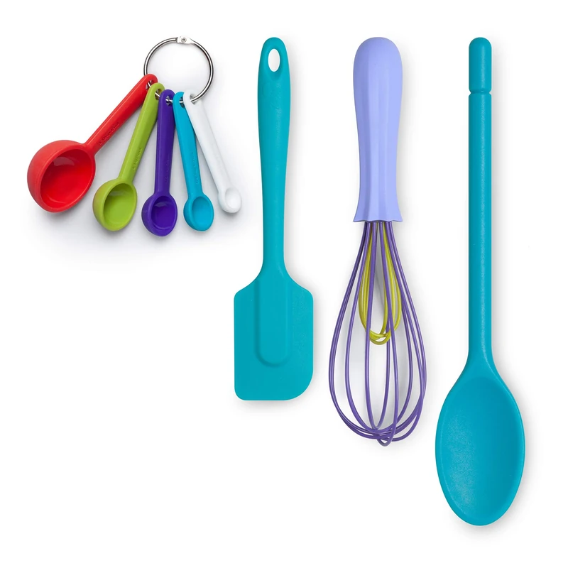 Zeal JSET41A Non-Stick Silicone Spatula, Whisk, Traditional Measuring Spoons 4-Piece Baking Set, Aqua/Purple/Bright Mix