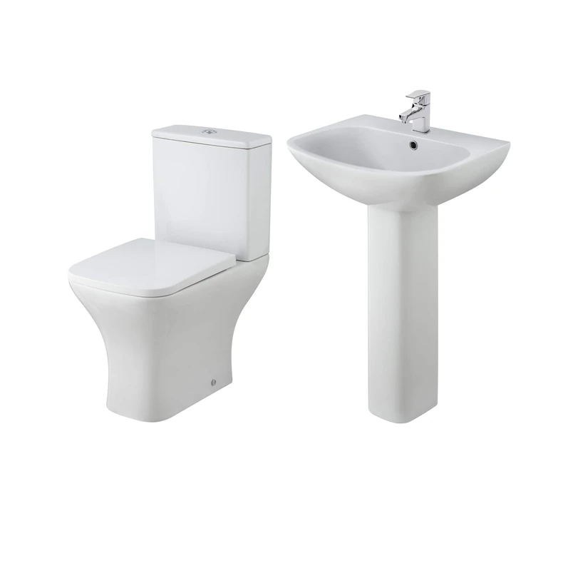 Nuie NCG410 Ava Modern Toilet and Full Pedestal Basin Bathroom Suite with Soft Close Seat and 1 Tap Hole Sink, 545mm, White
