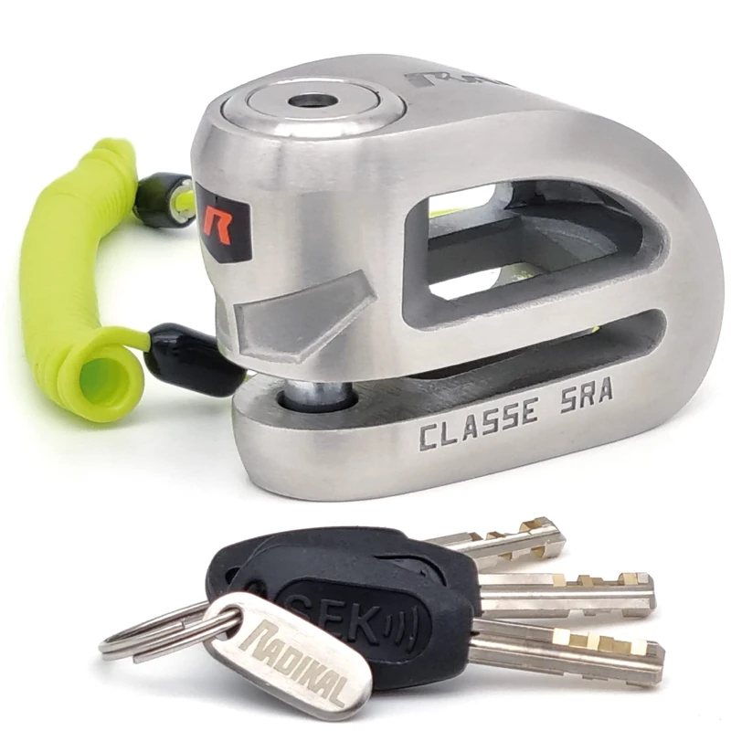 RADIKAL RK310S Premium Disc Lock Homologated SRA Premium, Lighter Design, Stainless Steel, Double Lock ø10mm/0.39in, Reminder Cable, Brake Wheel Lock for Motorcycle Scooter, Electric Bicycle, Ebike