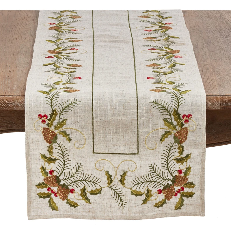 SARO LIFESTYLE 1851.N1690B Joyeuses Fêtes Collection Embroidered Pinecone and Holly Table Runner, 80% polyester-20% Linen, Natural - Image 1