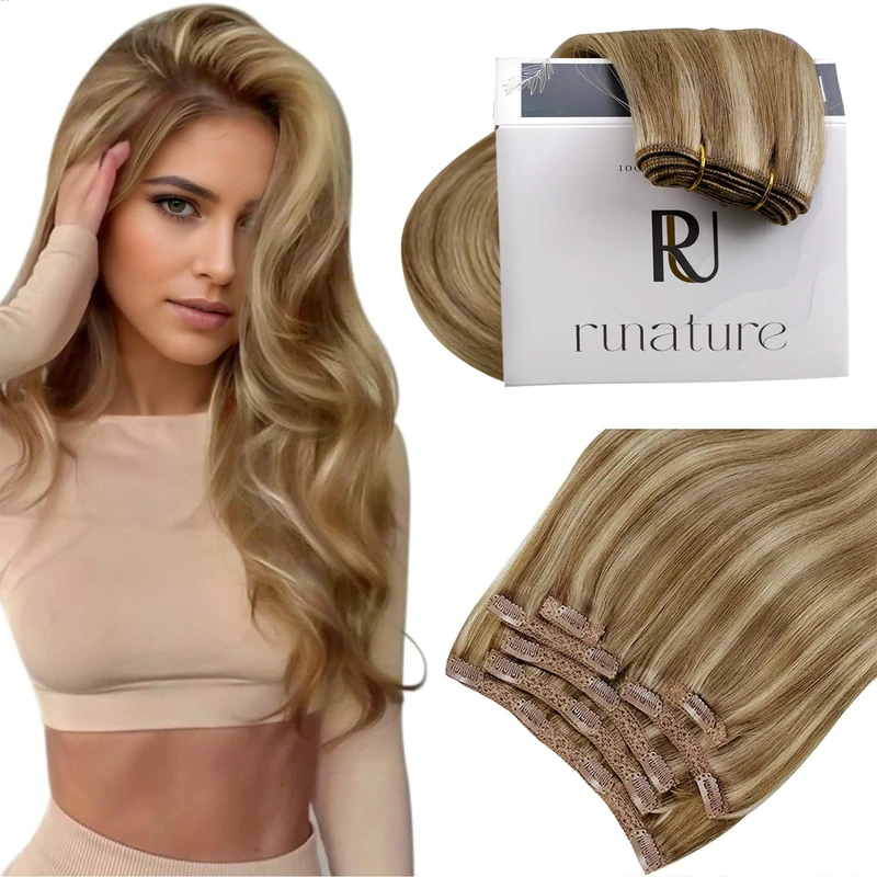 RUNATURE Real Human Hair Extensions Clip in Golden Brown Mix Golden Blonde 16 Inch 120 Gram 7pcs