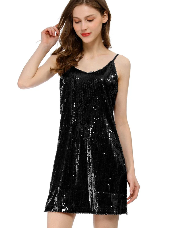 Allegra K Women's Christmas Glitter Sequin Dress V Neck Spaghetti Strap Mini Party Dress Clubwear Large Black