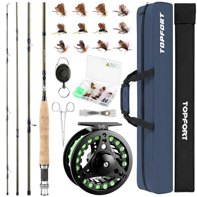TOPFORT Fly Fishing Rod and Reel Combo, 4 Piece Lightweight Ultra-Portable Graphite Fly Rod 5/6 Complete Starter Package with Carrier Bag