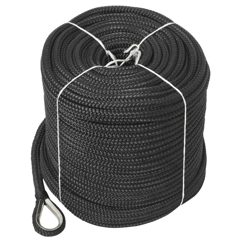 NovelBee 3/8" x 200' Double Braid Nylon Anchor Line with Stainless Steel Thimble (Black)