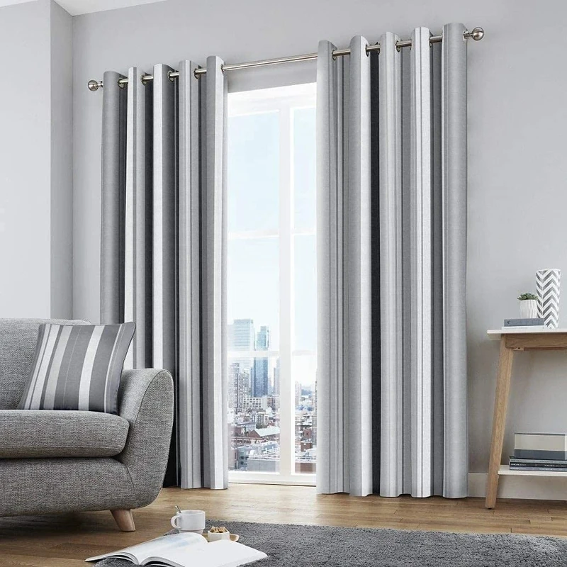 Fusion Stripe Curtains – Grey – W229 x L229cm – 2 Panels – 100% Cotton – Eyelet – Grey Striped Drapes for Bedroom & Living Room – Matching Cushion Available