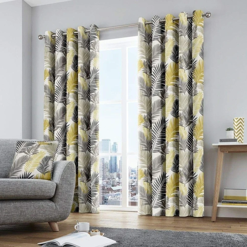 Fusion - Tropical - 100% Cotton Pair of Eyelet Curtains - 90" Width x 72" Drop (229 x 183cm) in Ochre