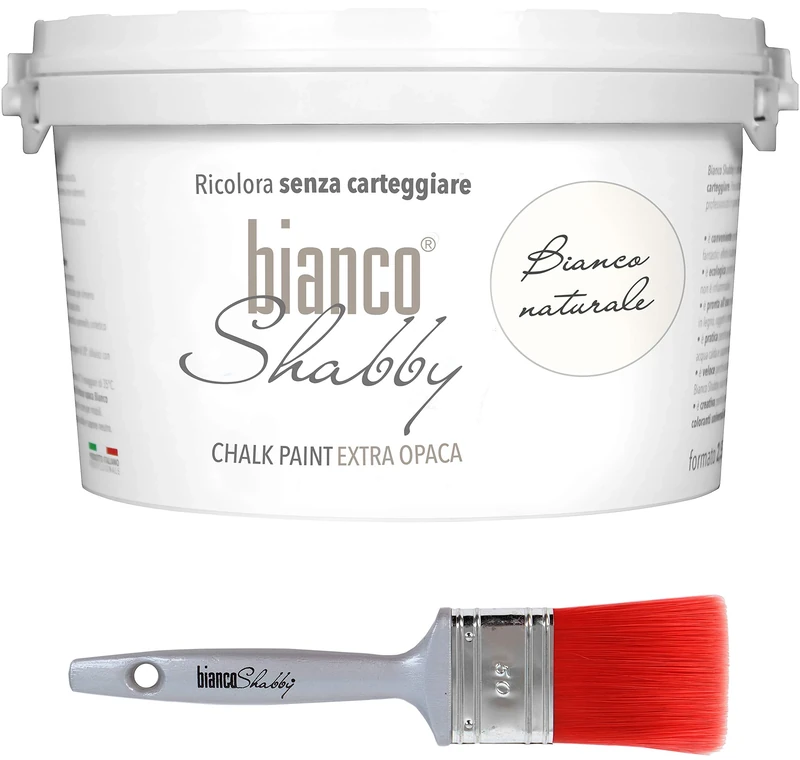 CHALK PAINT Bianco Naturale for Furniture and Walls - Extra Matte Vintage Shabby Chic Paint (2.5 Litres) + Professional Brush (50 mm)