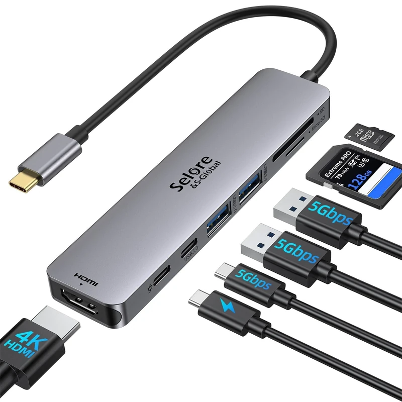 Selore&S-Global Adaptateur USB C, Hub USB C HDMI 4K, Ports USB 3.0, Lecture de Carte SD/TF, Dock Multiport 6-en-1 pour MacBook Pro M1 2021 MacBook Air 2020 ChromeBook Pixel iPad Pro Tablette Type C