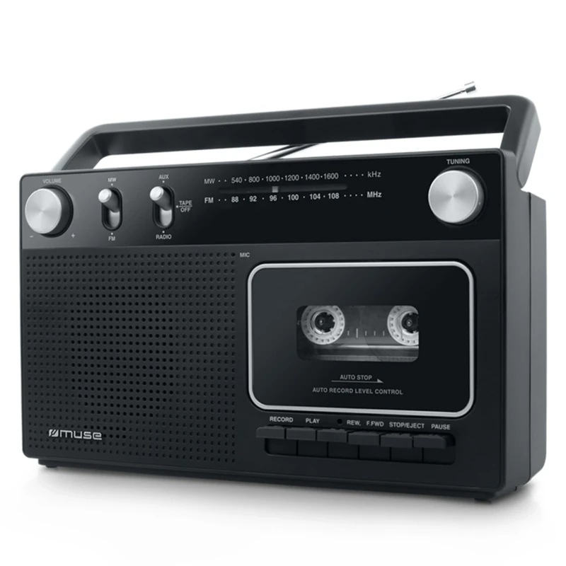 Muse M-152 RC Retro Cassette Recorder with Recording Function, Battery Operation Possible FM and AM Tuner, AUX Input, Telescopic Antenna, Black