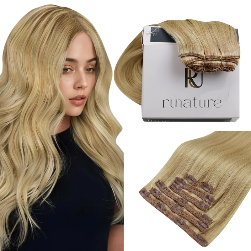 RUNATURE Clip in Hair Extensions Real Human Hair Blonde Hair Extensions Clip in Straight Highlight Golden Blonde Remy Hair Full Head Double Weft 80g 7pcs 10 Inch #16/24
