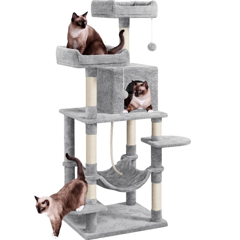 Yaheetech 150cm Large Cat Tree Scratching Posts with Condos/Hammock Cat Climbing Tower Centre for Indoor Cats, Light Grey
