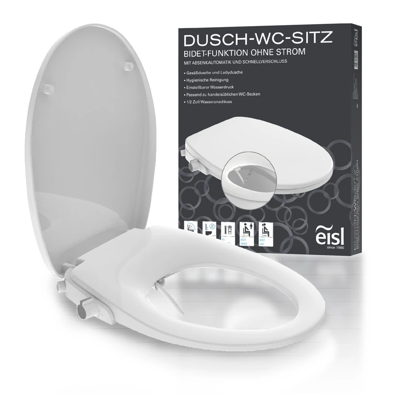 EISL Shower Toilet Seat Attachment (No Power Connection Required for The Shower Function), Toilet Seat with Bidet Insert, Butt Shower and Soft-Close Mechanism (Including Connection Set), White