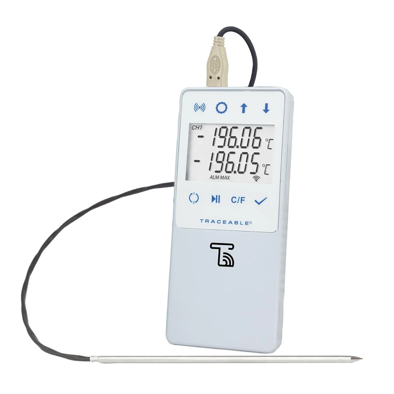 Cole-Parmer - Traceable Liquid Nitrogen Wi-Fi Data Logger - Medical & Scientific - Compatible with TraceableLIVE Cloud Service - 1 Stainless Steel Probe - LCD Screen, -200°C to 105°C / -328°F to 221°F
