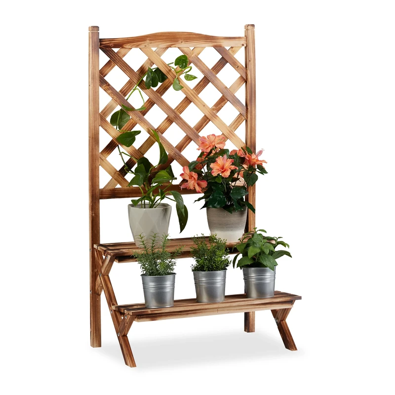 Relaxdays Flower Rack with Trellis, 2-Tier Plant Stand, Wooden Shelf, HWD: 109x61x40cm, Flamed