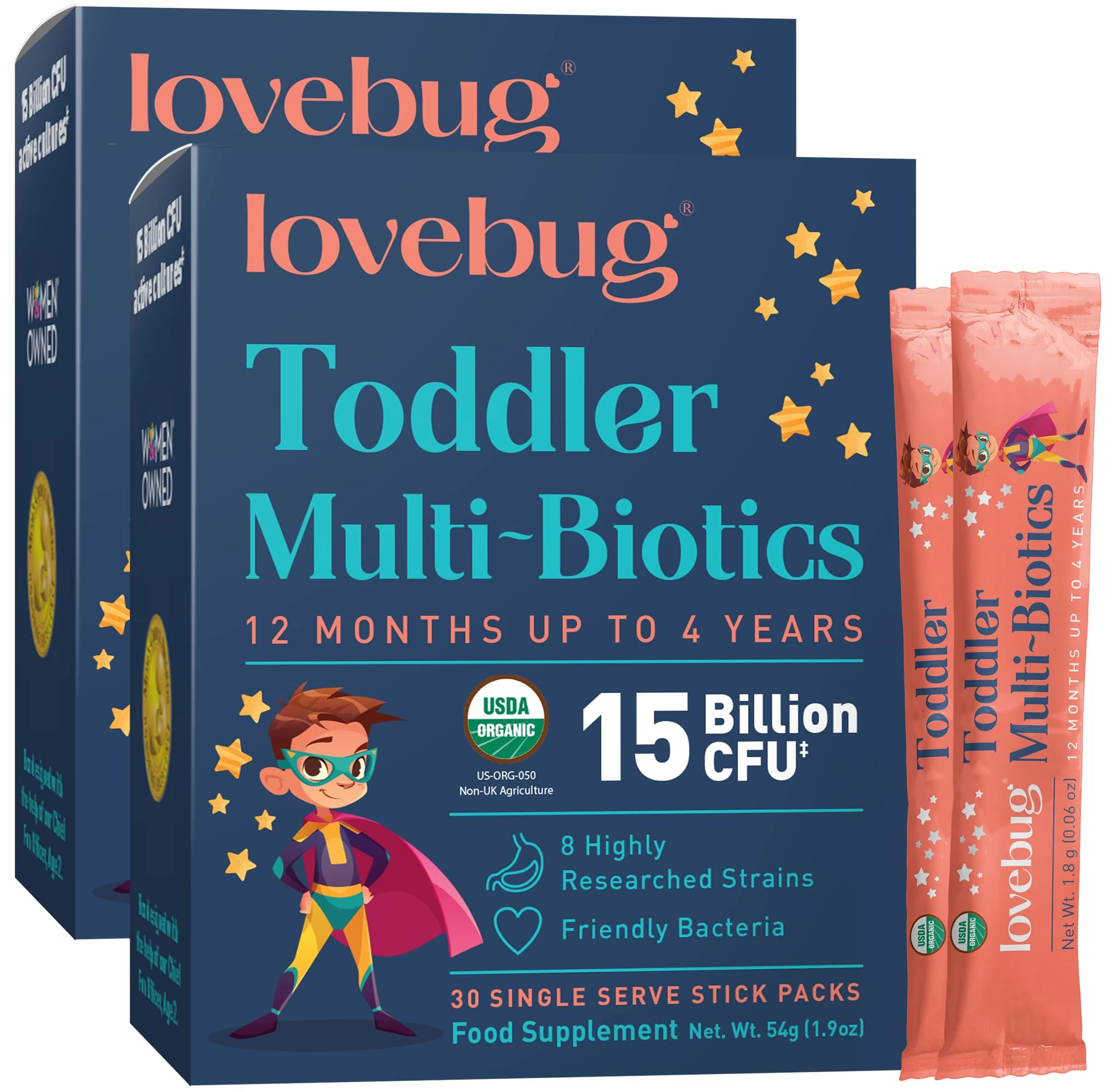 Lovebug Kids Probiotic Powder - 15 Billion CFU Multi-Strain Formula - Friendly Bio Cultures to Support Gut Health for Children & Toddlers Aged (12 Months to 4 Years) - 60 Unflavoured Sachet Pack