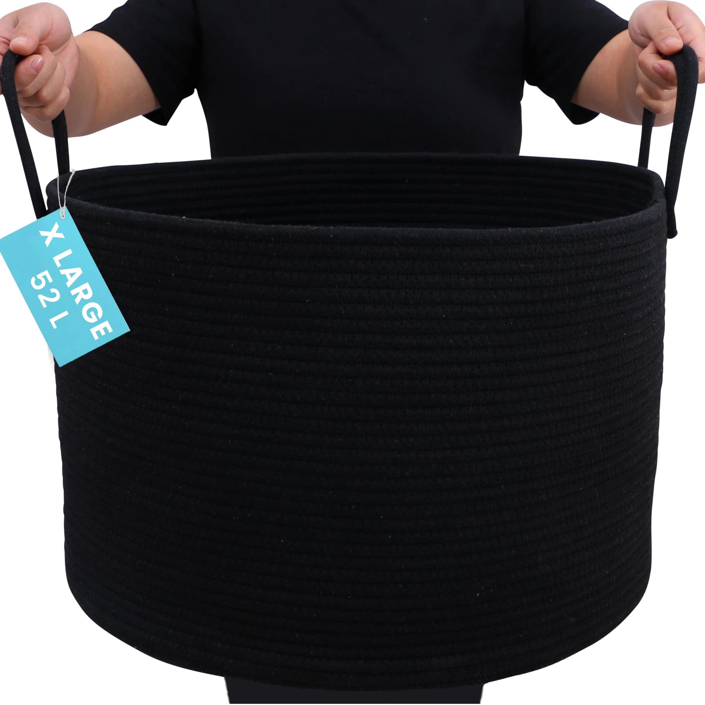 OrganiHaus Laundry Basket, Extra Large Woven Cotton Rope Bin for Dirty Clothes, Pillows & Towels, Rope Blanket Basket, Dog Toy Storage Bin, Soft & Durable Laundry Hamper - 50x33cm, Black