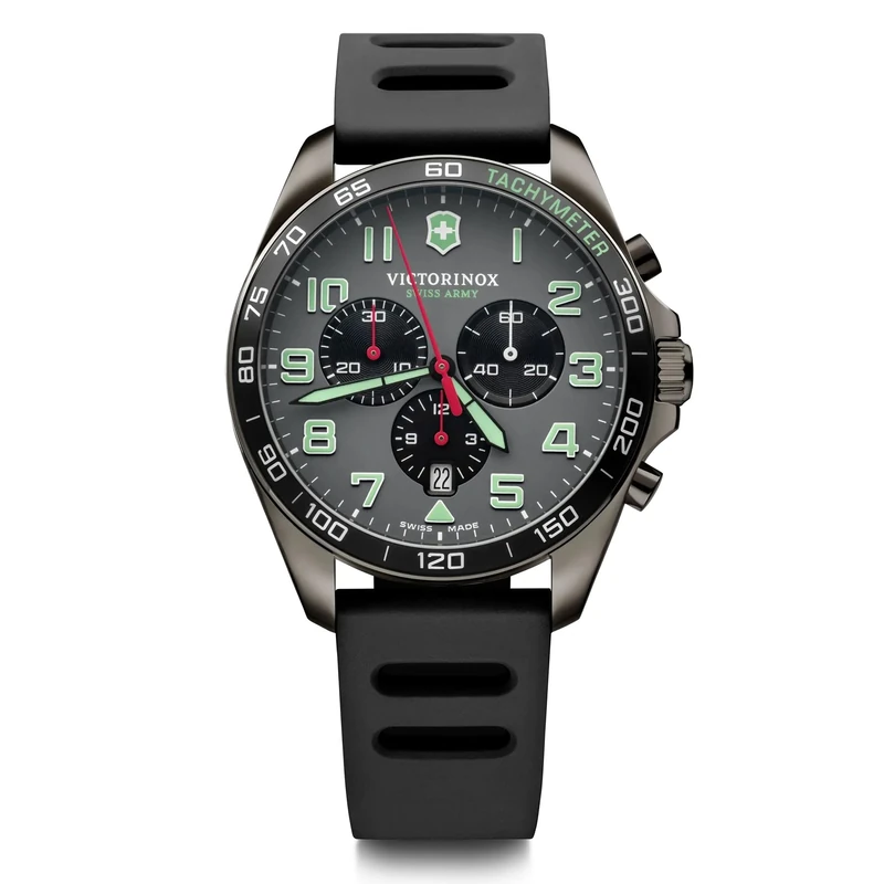 Victorinox Men’s Watch Fieldforce Sport Chrono Ø 42 mm, Swiss Made, Analogue Quartz, Water-Resistant up to 100 m, Rubber Strap, Grey Black/Black