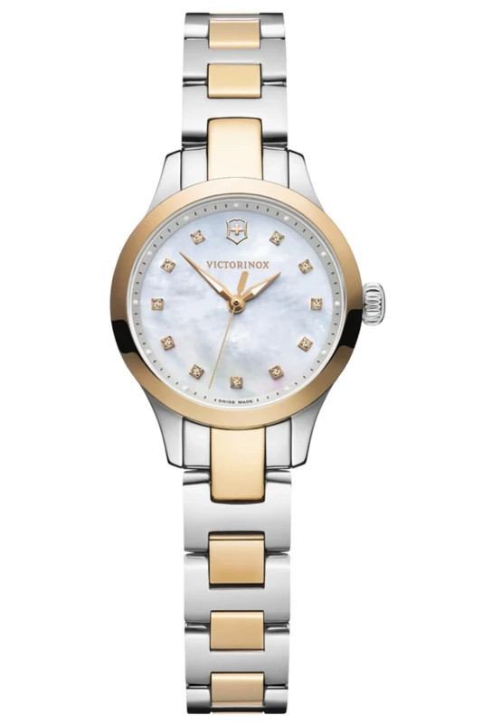 Victorinox Women’s Watch Alliance XS Ø 28 mm, Swiss Made, Analogue Quartz, Water-Resistant up to 100 m, Sapphire Glass, Stainless Steel Strap, White/Silver/Rosé Gold