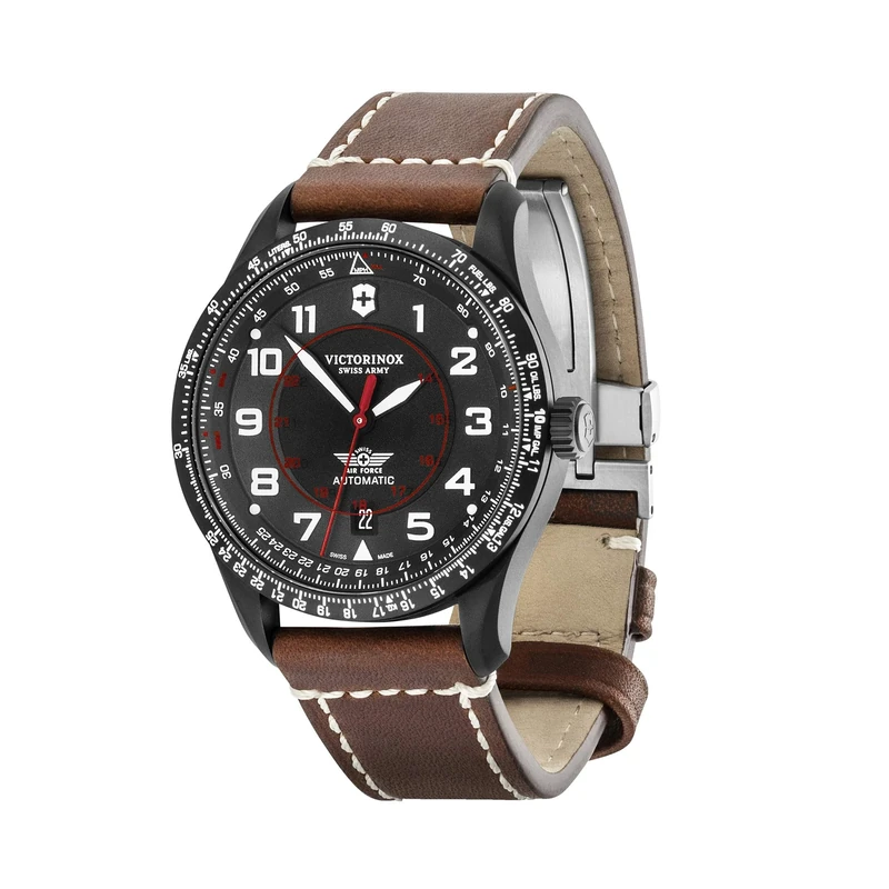 Victorinox Men’s Watch Automatic AirBoss Mechanical, Ø 42 mm, Swiss Made, Water-Resistant up to 100 m, Sapphire Glass, Leather Strap, Black/Brown
