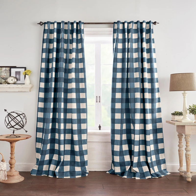 Elrene Home Fashions Farmhouse Living Grainger Buffalo-Check Blackout Window Curtain, Living Room and Bedroom Drape with Rod Pocket Tabs, 52" x 95", Indigo, 1 Panel